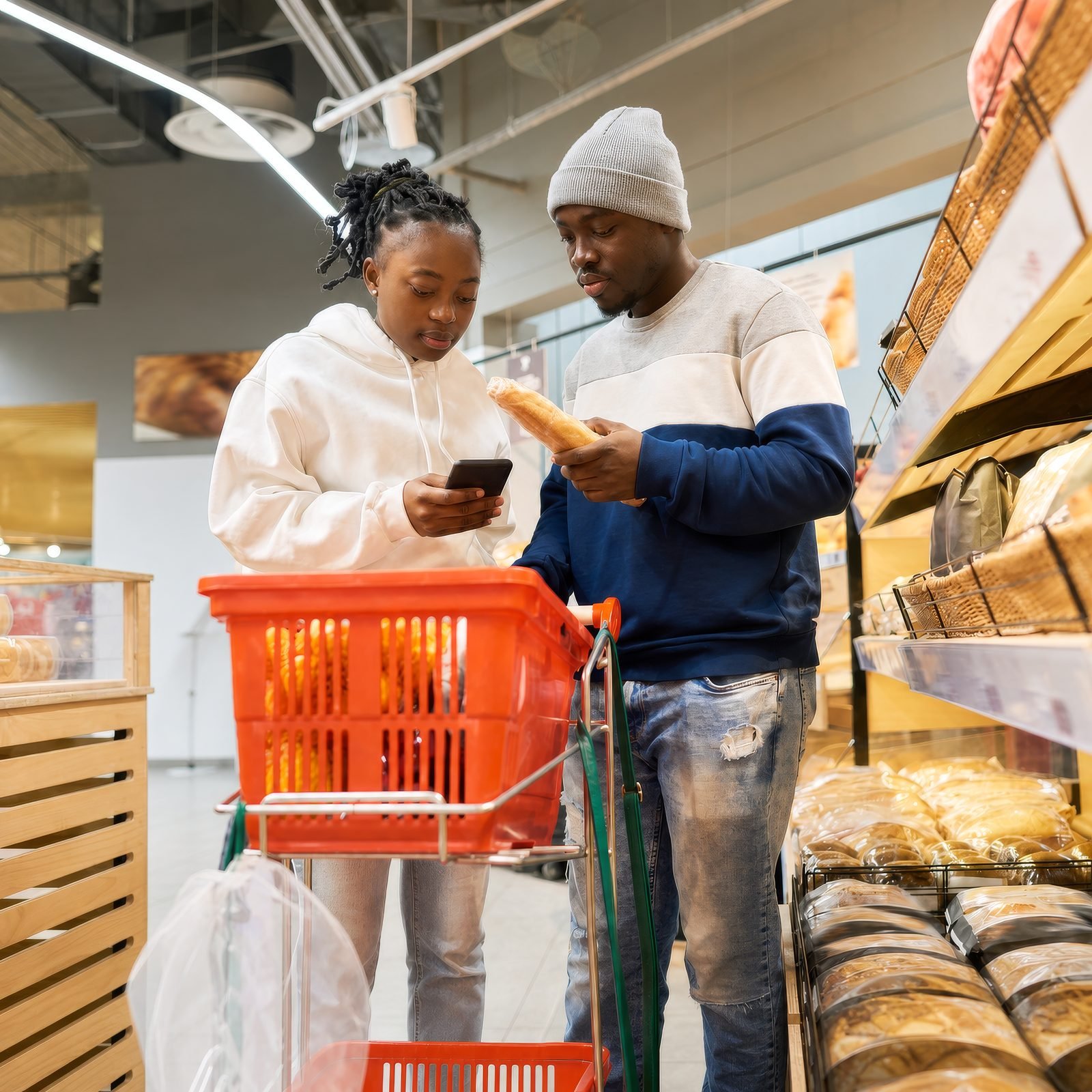 A family comparing grocery receipts in a store aisle